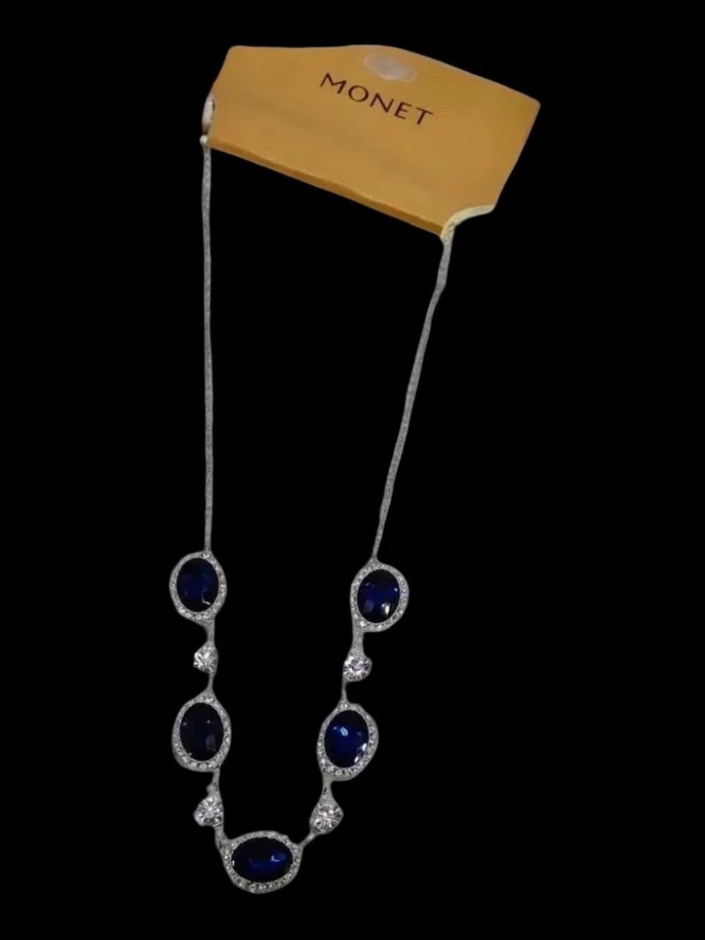 Monet Silver Tone Sapphire Blue & White Rhinestone Necklace 19" MSRP $34 NWT